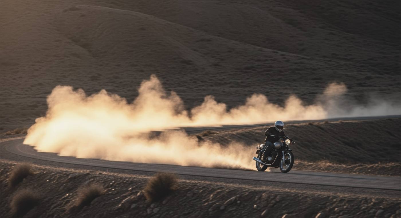 A motorcycle kicks up a dust trail on an open desert highway